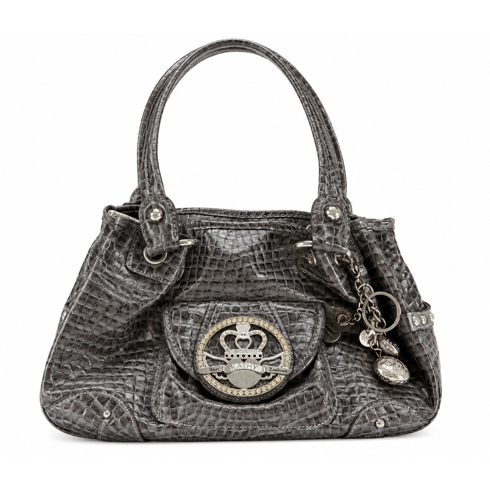 Kathy Van Zeeland Croc Embossed Shoulder Bag Grey Rhinestone Crown Y2K Satchel